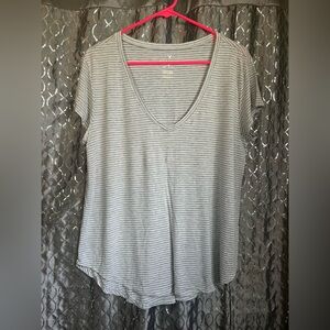 Gray and white striped American Eagle V-neck T-Shirt